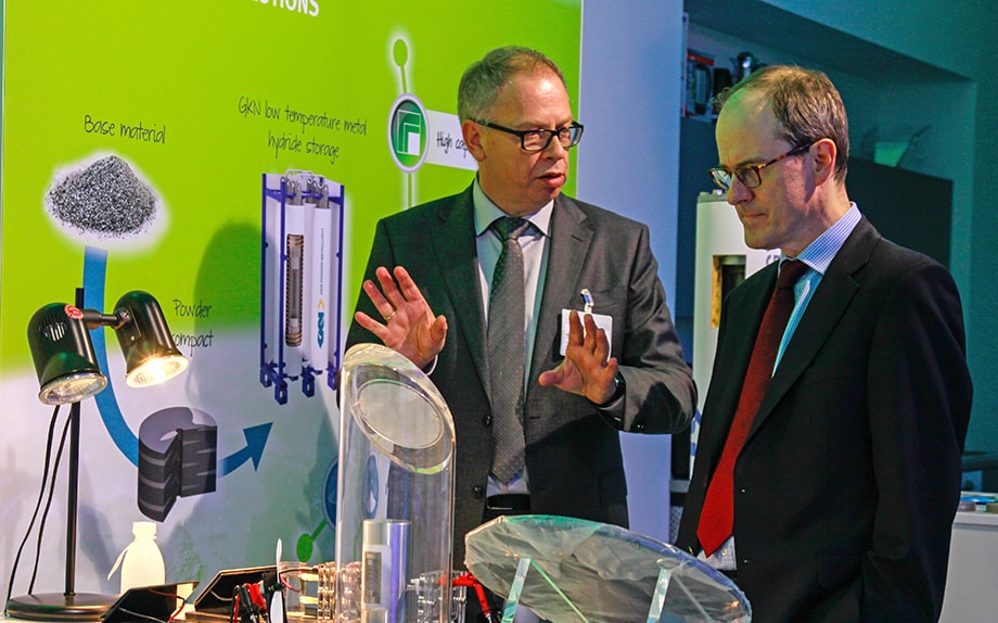  Matthias Voss, Director of Operations (left) discusses latest the latest trends in metal 3D printing with the British Ambassador, Sir Sebastian Wood