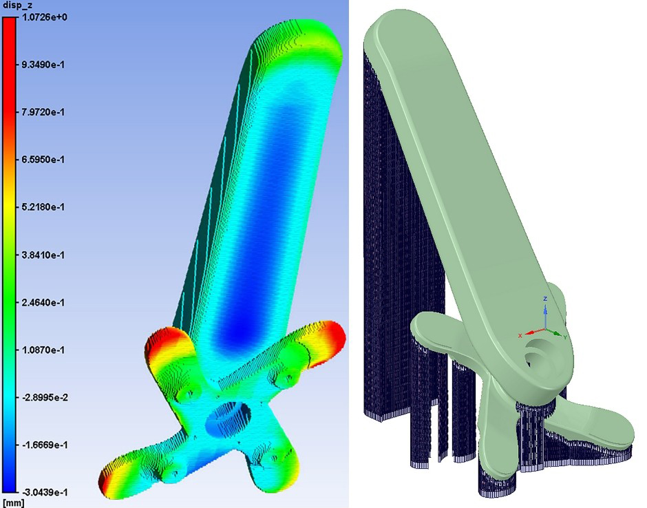 AM Process simulation with Ansys Additive Suite (left) and development of support structure (right)